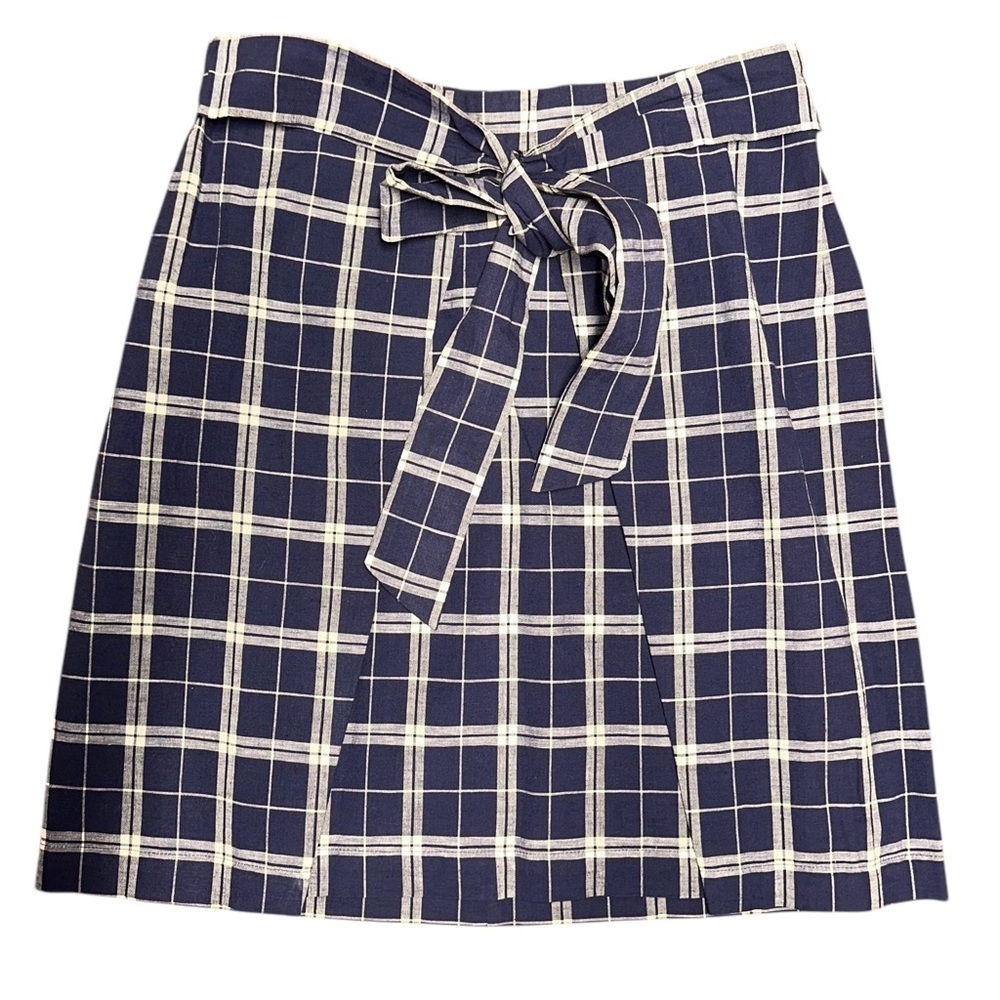 NWT Madewell Linen Blend Skirt Blue Plaid Tie-Front Academia Mini  ~ Sz S - Picture 2 of 8
